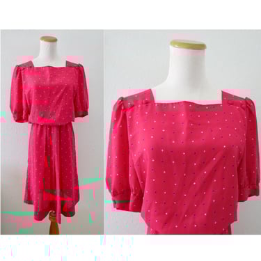 Vintage Pink Floral Dress - 1980s 80s Blouson Casual Short Sleeve Dress - Size Large L 