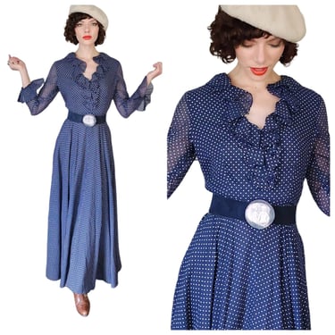 Vintage 70s Maxi Dress Navy Blue Polka Dot w/Ruffles 