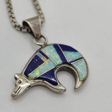 Double Sided Zuni Style Spirit Bear Faux Opal Outer Space Inlaid Sterling Silver Pendant on 18