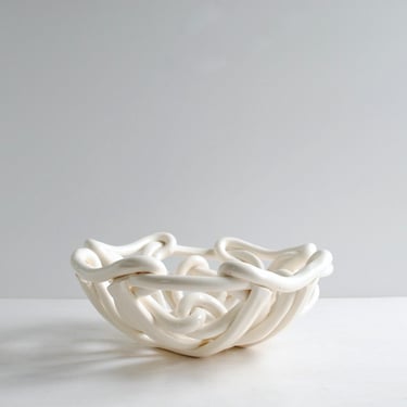 Vintage White Sculptural Bowl, Handmade Art Pottery Bowl 