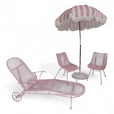 Mid Century Modern Of Russel Woodard Wire Mesh Sculptural Collection Patio Chairs, Pool Lounge Chair and Umbrella