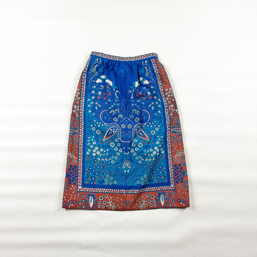 1970s Psychedelic Hand Silk Screened Paisley Printed Skirt / Becky Miller Creations / 24 Waist / Turquoise / Peacock / Pleated Waist / XS / 