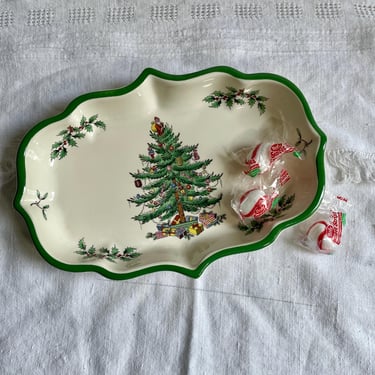 Vintage Spode Christmas Tree Candy Dish - Ogee style, Holly and Mistletoe, Green Trim, Christmas Home Decor, 1985, Cookie Plate for Santa 