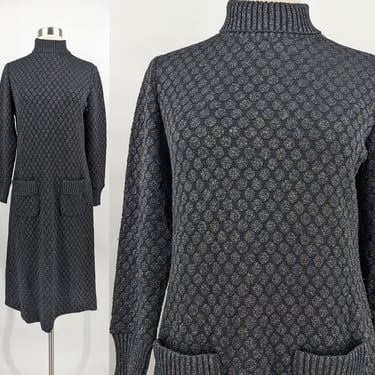 Vintage 70s Black Metallic Kimberly Wool Polyester Blend Small - Medium Turtleneck Sweater Sheath Dress 