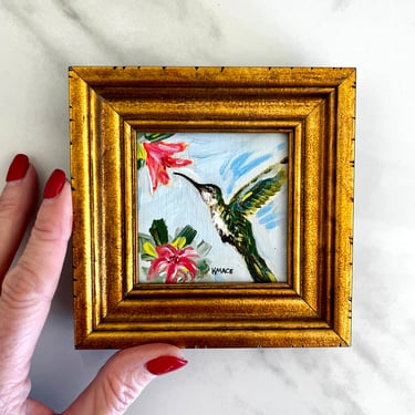 Original Framed Painting Hummingbird Mini Art on Canvas Gold Wood Frame 