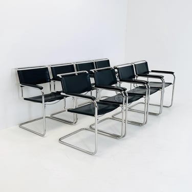 Set of 8 Bauhaus black leather iconic armchairs by mart Stam for Thonet 1980s 