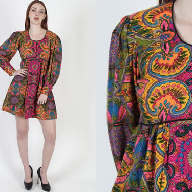 70s Neon Psychedelic Mod Dress With Pockets / 1970s Paisley Floral Dress / Vintage Easy to Wear Scooter Mini Dress 