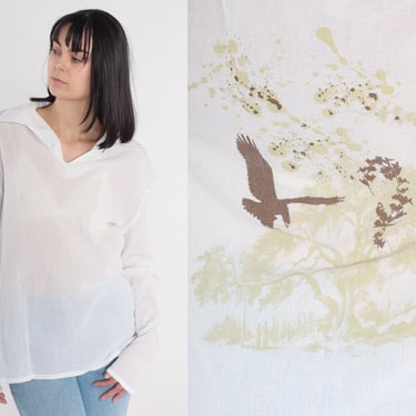 Hippie Blouse Y2K Bird Tree Print Shirt Semi-Sheer White Long Sleeve Collared V Neck Top Abstract Bohemian Summer Cotton Vintage 00s Large L 