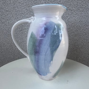 Vintage studio art pottery pitcher 10” pastels splash signed 