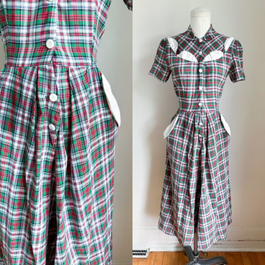 Vintage 1930s-40s Cotton Plaid Day Dress / XS 