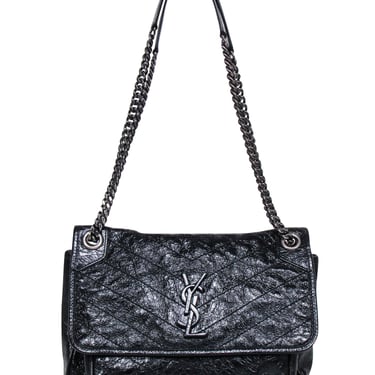 Yves Saint Laurent - Black Patent Leather Chevron "Niki" Shoulder Bag