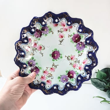 Vintage Hand Painted Japan Serving Cabinet Wall Plate/ Pink Purple Floral Gold Scrollwork/ Cobalt Blue/ French Country English Cottage Core 