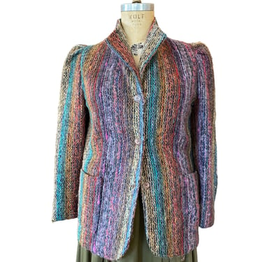 1980s jacket, nubby wool blend, rainbow striped, vintage knit blazer, puff shoulders, medium large, mohair jacket, 38 bust, 80s fashion 