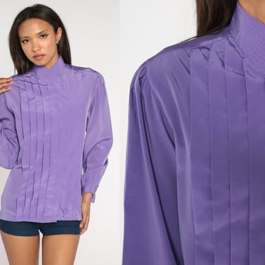 Purple Pleated Blouse 80s Secretary Top Long Puff Sleeve Collared Shirt Retro Secretary Hidden Button Up Vintage 1980s Large 12 