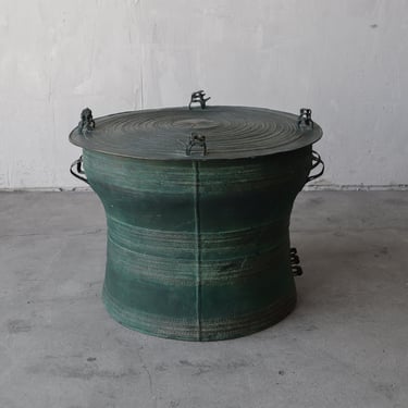 Vintage Verdigris Bronze Asian Rain Drum Side Table 