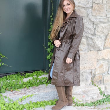 Vintage 1970's Hippie Boho Dark Chocolate Brown LEATHER Belted Back Pleated Jacket Spy Trench Coat 