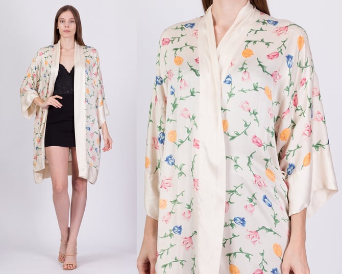 90s Silk Floral Robe - Small | Vintage Boho Mini Loungewear Kimono 