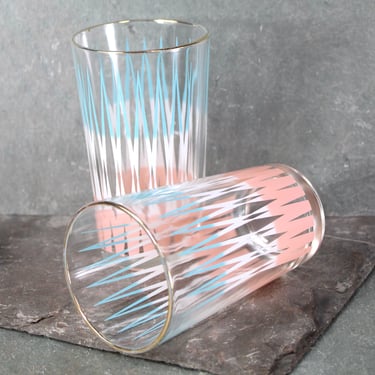 Set of 2 Mid-Century Tumblers | Anchor Hocking Blue, White, & Pink Drinking Glasses | Mid-Century circa 1960s | 8 Oz Glasses | Bixley 