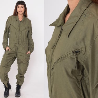 Olive Green Flight Suit 90s Military Jumpsuit Army Coveralls Zip Up Long Sleeve Boilersuit Vintage 1990s Boiler Suit Men's Medium Short 