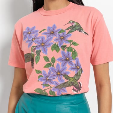 HUMMINGBIRDS TIE DYE Tee Vintage Birds Flowers Graphic Short Sleeve T-Shirt Pink 90's Oversize / Medium 