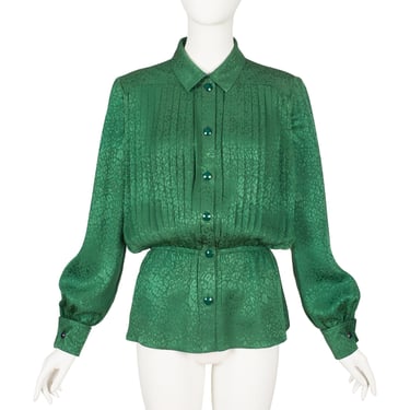 Valentino 1980s Vintage Green Silk Jacquard Pleated Collared Blouse Sz XS S M 