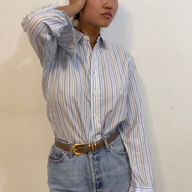 70s French cuffs shirt / vintage baby blue pinstripe cotton tailored menswear boyfriend French cuffs shirt | Small 