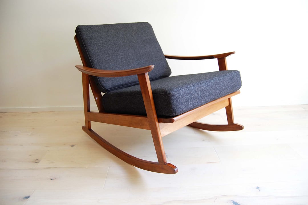 Mid Century Modern Rocking Chair with Black Wool Upholstery