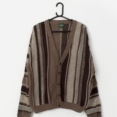 Vintage Grandad cardigan in brown with 3D knit pattern - Medium / Large 