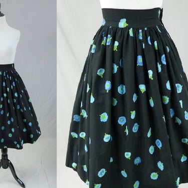 50s Full Black Floral Skirt - 24" waist - Black Cotton - Falling Blue & Green Flowers - Vintage 1950s - XS 