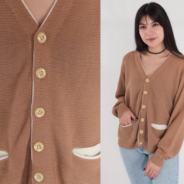 Tan Cardigan 70s Button up Knit Sweater Retro Slouchy Grandpa Sweater Simple Fall Neutral Preppy Plain Pockets Basic Vintage 1970s Large L 