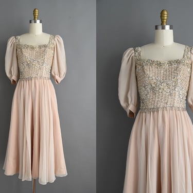 vintage 1950s Dress | Vintage Fluttery Chiffon Sparkly Rhinestone Dress | small 