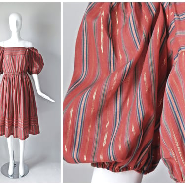 vtg 1970s *deadstock* red striped off shoulder peasant style summer midi dress | 1970s balloon sleeves Metallic pinstripes pinup | size 13 