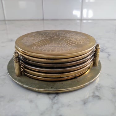 MCM Vintage Brass & Rubber 6 Coaster Set with Shell Detail 