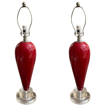 90s Pair of Red Ceramic Tear Drop Shaped Table Lamp w/ Acrylic Base 