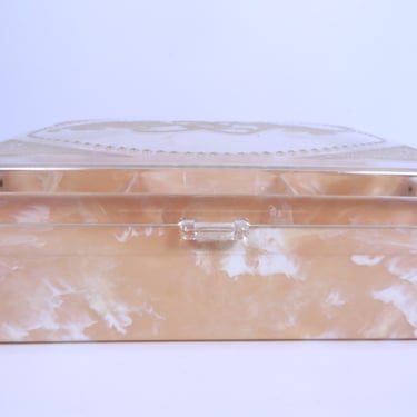 Vintage Hommer Red Marbled Lucite Jewelry Sewing Box - Playing Cats Red Marble Lucite Sewing Jewelry Box 