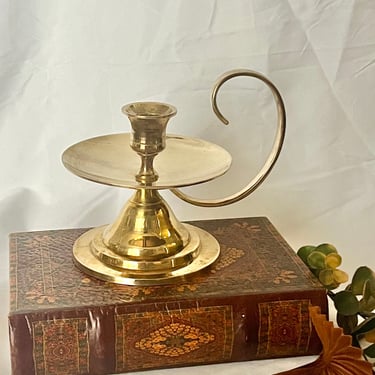 Brass Candle Holder, Curved Handle, Shiny  Drip Tray, Mid Century Vintage, Made in India 