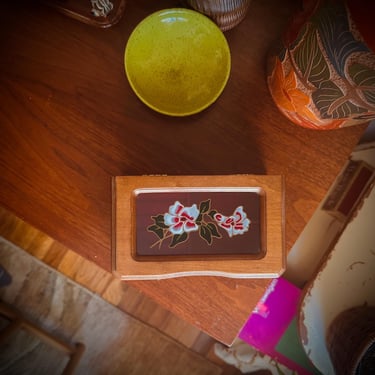 Vintage Wooden Mele Jewelry Box with Floral Decor Faux Stained Glass  - Necklace Holder - Ring Holder 