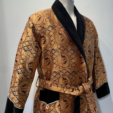 Vintage Brocade Lounge Robe - Gold & Copper Metallic Woven Fabric - Asian Dragon Images - Cotton Velvet Details - Men's Size Medium 
