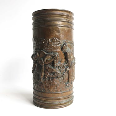Antique Handmade Cylindrical Form Deeply Embossed Walking Stick Stand Umbrella Stand Umbrella Holder Craftsmanship Farmer Scene 1920-1930s 