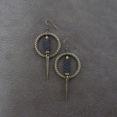 Hammered bronze hoop and black geometric earrings 