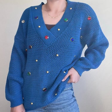 Vintage Womens Gepetto 80s Oversized Blue Rhinestone Sheer V Neck Sweater Sz L 