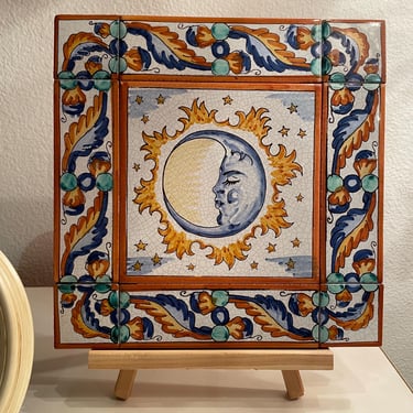 Vintage Spanish Decorative Tiles Sun Moon | Beautiful Spanish Tile Wall Decor Hangint | Sun and Moon Hand Painted Tiles 