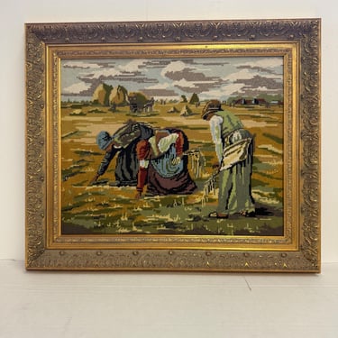 Free Shipping within Continental US - Vintage Framed Needlepoint Tapestry - The Gleaners Inspired Embroidery Art - Ornate Gold Frame 