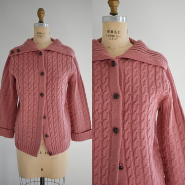 1970s Wintuk Rose Pink Cable Knit Cardigan Sweater 