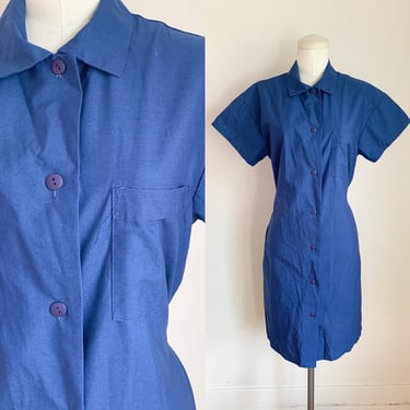 Vintage 1980s Blue Utility Dress / Waitress / Hospital Gown / Nurse Dress // L 