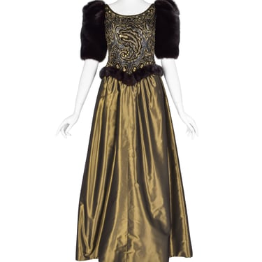 Givenchy Haute Couture Vintage AW 1980 Documented Embellished Bodice Black and Bronze Silk Taffeta Mink Sleeve Gown