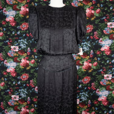 Vintage 1980s Flora Kung Black on Black Silk Floral Dress with Balloon Sleeves, Button Back, and Waist Detail 