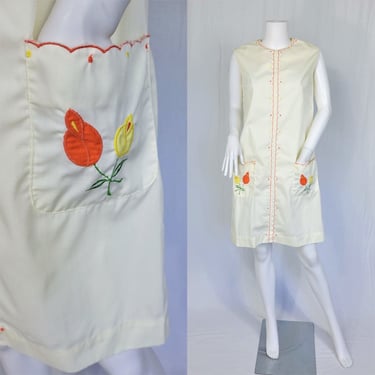 1960's Embroidered Floral Print White Poly Cotton House Dress I Shift Dress I Sz Med I Pockets I Lady Madeira 