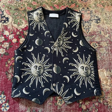 Celestial denim vest, vintage ‘90s Y2K CACHE | sun & moon with studded rhinestones, whimsigoth, whimsical, M 