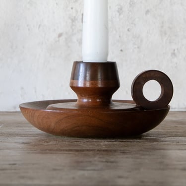 Wood Chamberstick with Finger Loop, Vintage Handcrafted Wooden Taper Candle Holder 